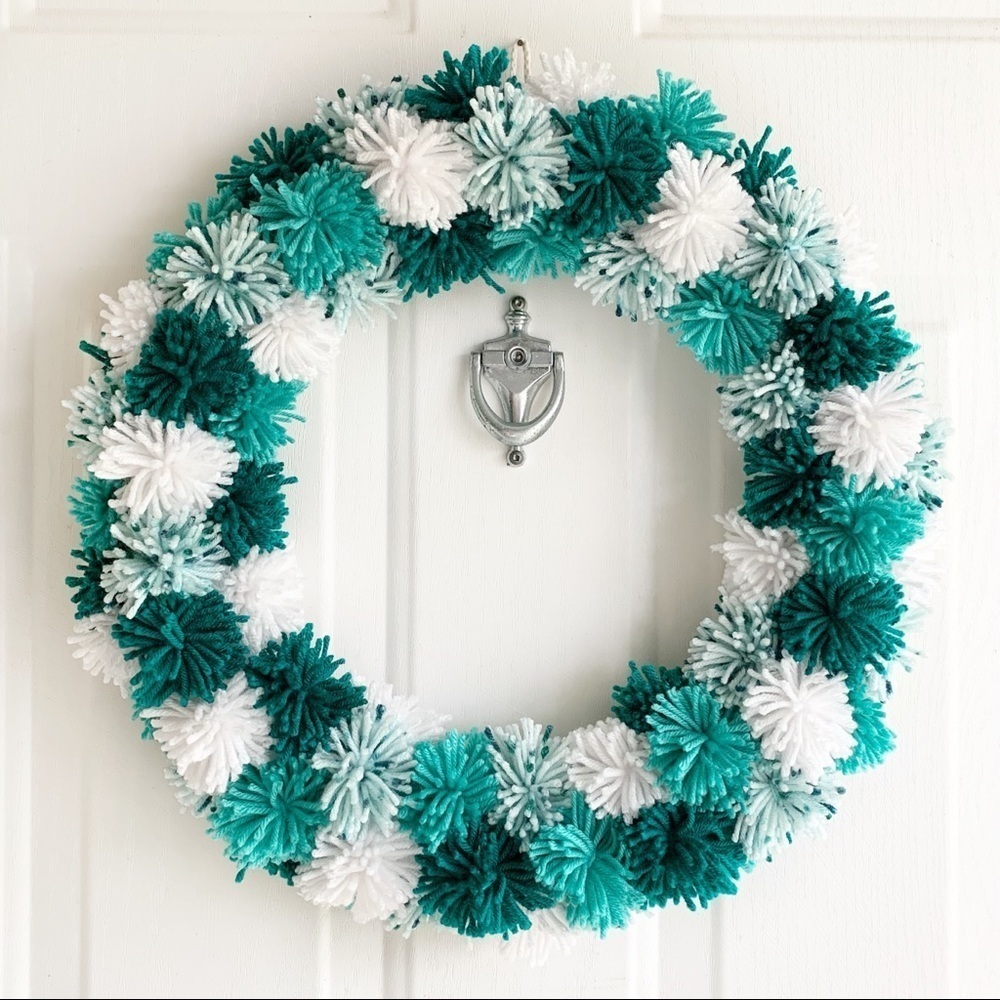 Handmade Pom Pom Wreath Teal White